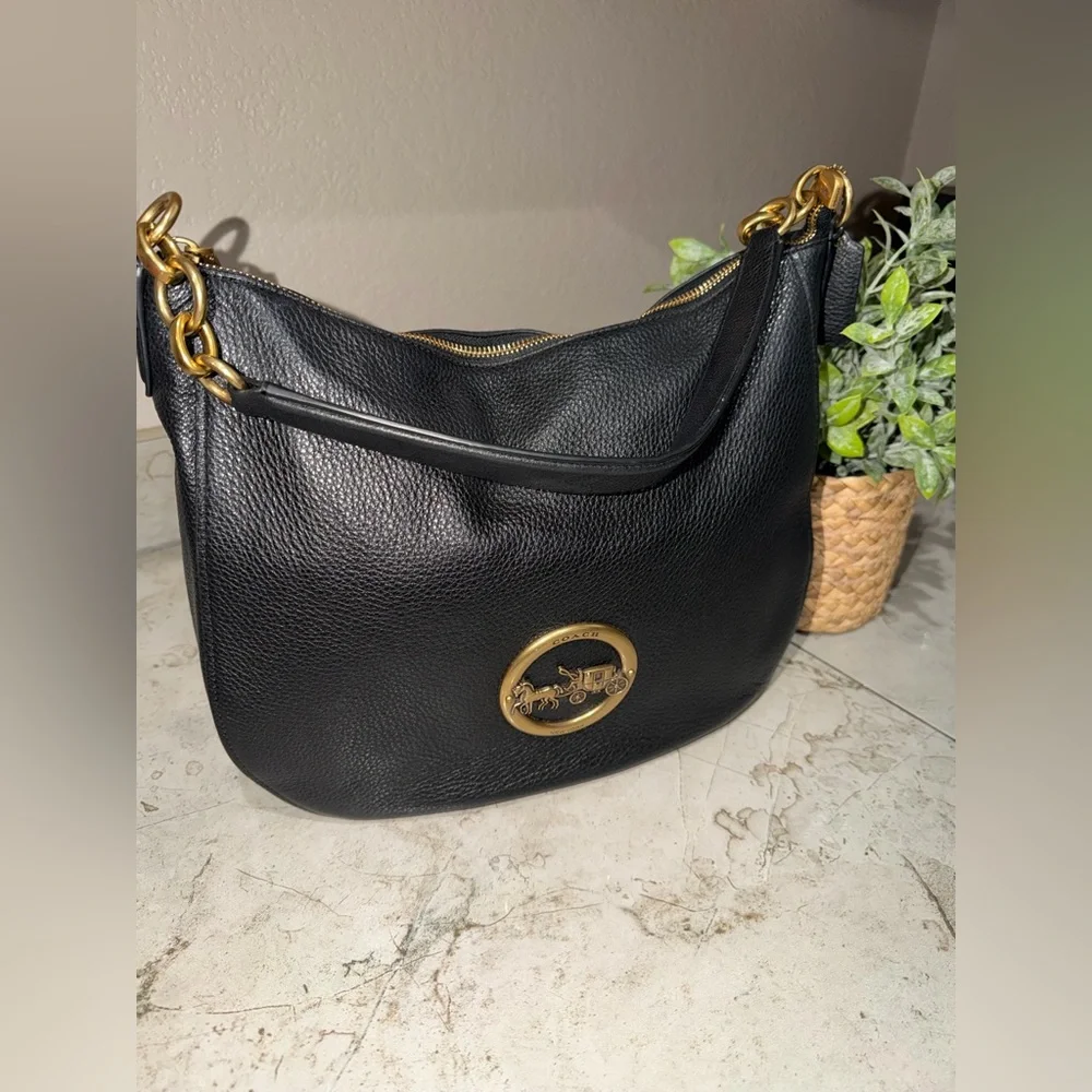 Coach Black Pebbled Leather Shoulder Hobo with Gold Logo